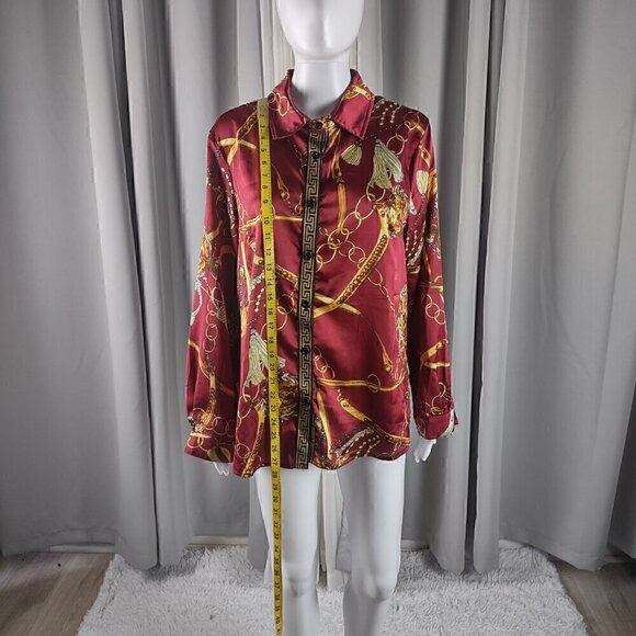 Boohoo Red Gold Chain Tassel Print Satin Button Down Blouse Womens Size 12 - Picture 5 of 12